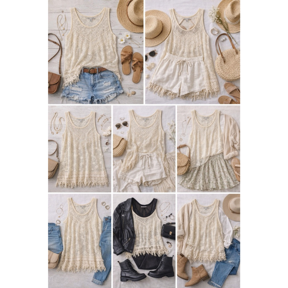 Haute Monde Boho Lace Tank Top Cream Crochet Fringe Hem Sheer Floral Size M
Dres - Picture 11 of 11